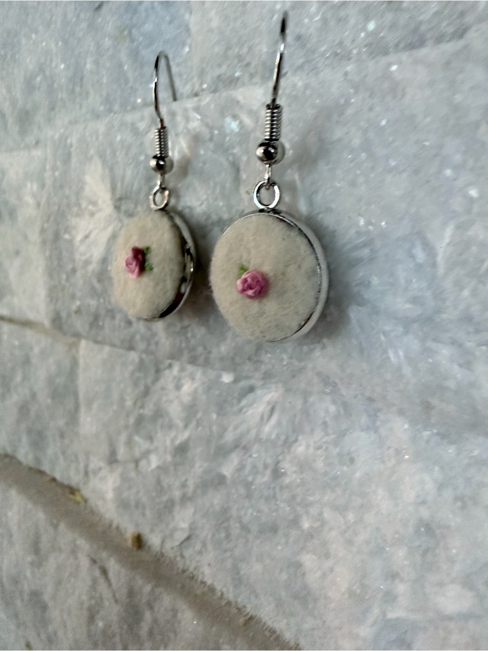 Mini Embroidered Rose Earrings on silver backs